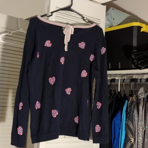 Talbots NWT Size 0x Blue Sweater with Heart Print and Bow tie back - Picture 6 of 8